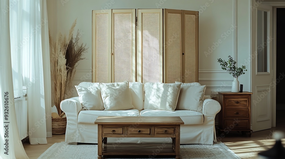 Poster light living room with folding screen comfortable sofa coffee table and chest of drawers : generativ