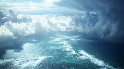 Fototapeta premium Seen from an aerial view a rain squall sweeps across the tropical Pacific Ocean : Generative AI