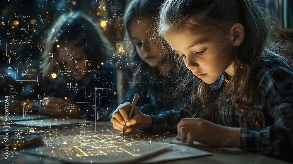 Poster image of mathematical equations over diverse schoolchildren writing global education and digital int