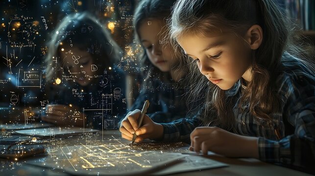 Image of mathematical equations over diverse schoolchildren writing Global education and digital interface concept digitally generated image : Generative AI