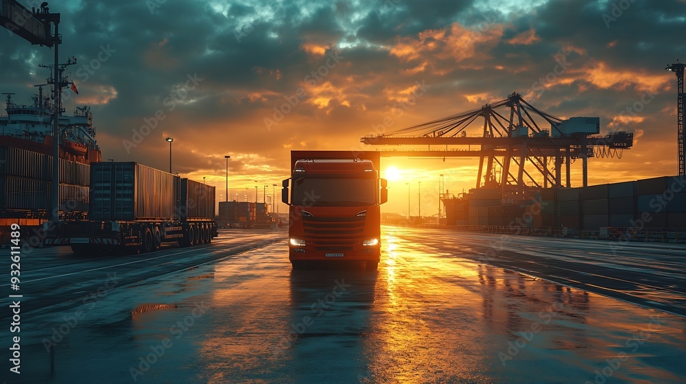 Poster container truck in ship port for business logistics and transportation of container cargo ship and c