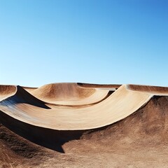 Fototapeta premium An exhilarating dirt BMX track with challenging jumps turns and obstacles ready for a high speed race under a clear expansive sky The scene offers ample copy space above for text or graphic overlays