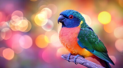 Detailed view of a colorful bird in sharp focus, with a softly glowing background of light patterns that create a harmonious and visually appealing contrast.