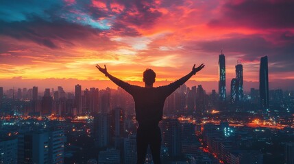 Fototapeta premium Man Standing on Skyscraper Rooftop with Arms Raised in Gratitude to God, Overlooking the Majestic City Skyline. Symbolic Expression of Faith, Reverence, and Connection with the Divine.