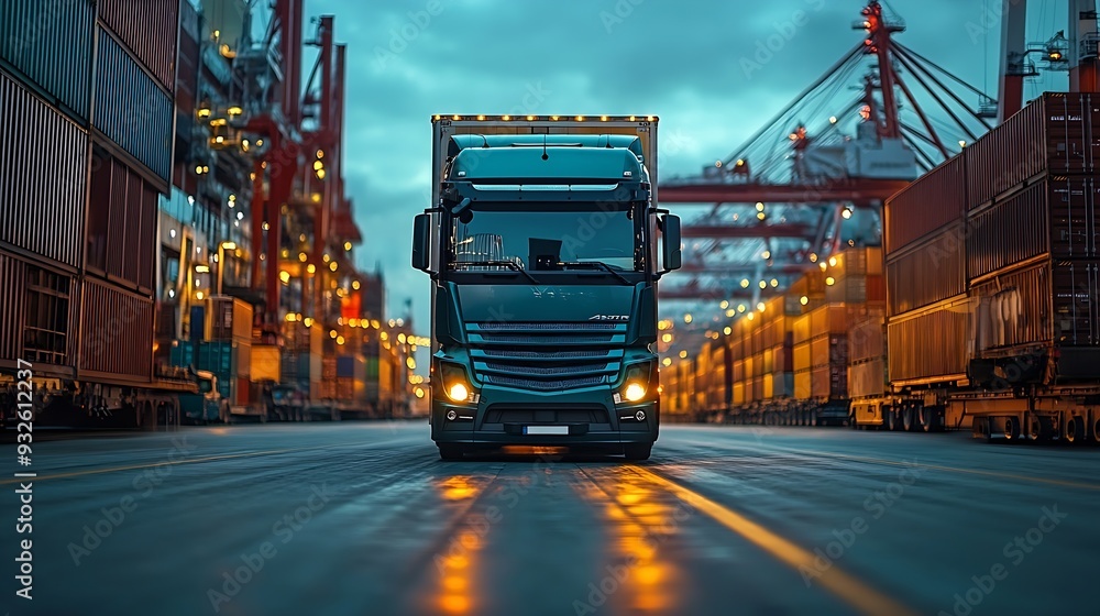 Poster container truck in ship port for business logistics and transportation of container cargo ship and c