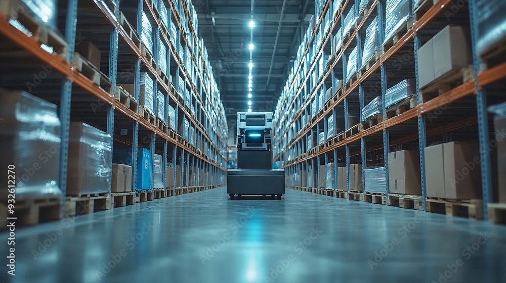 Poster blur background of smart robotic machine inspecting product in storage warehouse interior with shelv