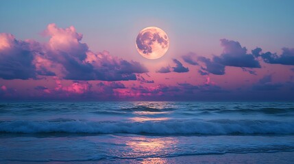 Horizon clouds and full moon by ocean with sunset for peace nature environment and travel vacation Twilight altostratus and sea scenery with moonlight for landscape background and calm : Generative AI