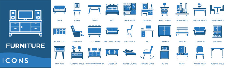 Furniture icon. Sofa, Chair, Table, Bed and Wardrobe