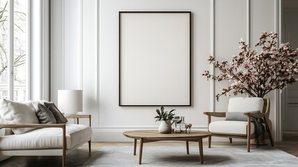 Interior design of living room interior with mock up poster frame boucle sofa white armchair wooden coffee table vase with magnolia and personal accessories Home decor Template : Generative AI