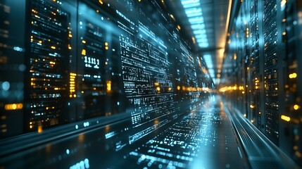 Image of mathematical equations and data processing over server room Global technology computing and digital interface concept digitally generated image : Generative AI