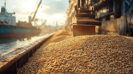 Loading of wheat in bulk into general cargo ships cargo hold by means of steel grab : Generative AI
