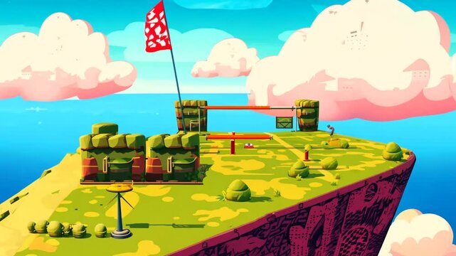 Colorful Gaming Landscape With Greenery and Flag in Bright Skies Generative AI