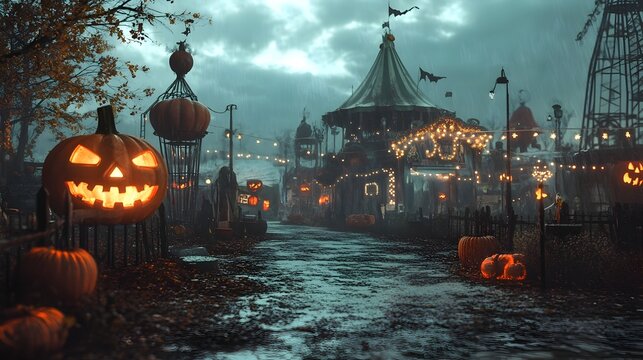 Chilling 3D Rendition of Halloween Circus Freak Show with Eerie Clown Character