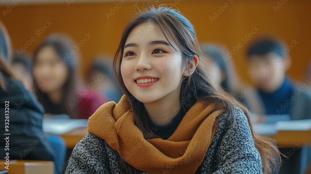 Poster university classroom diverse group of young students asian collaborate study together sharing smiles