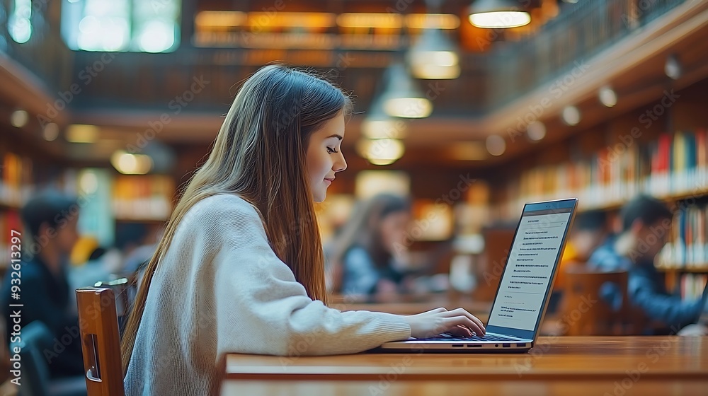 Aufkleber Students group and happy in library for education learning and reading test results or news on computer Young college people on laptop for solution research or studying with support he : Generative AI