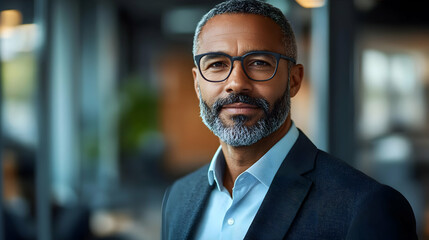 Fototapeta premium A confident man in a suit, smiling in a modern office setting.