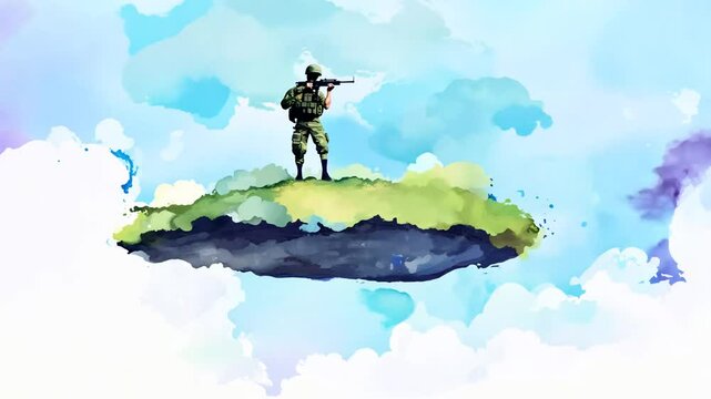Soldier Standing Guard on a Floating Island Under Colorful Clouds Generative AI