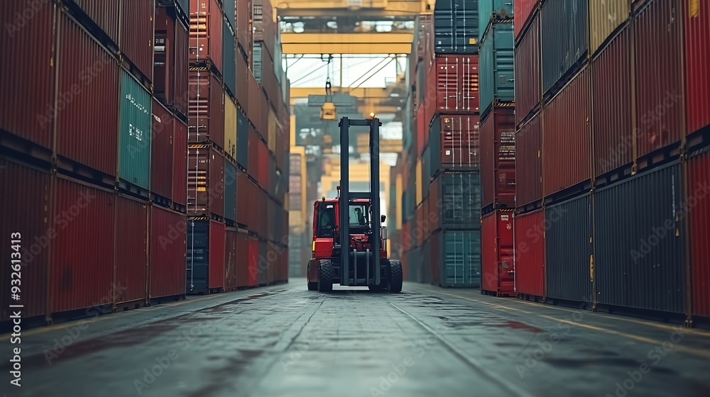 Poster Industrial Container Cargo freight ship forklift handling container box loading for logistic import export and transport industry concept : Generative AI