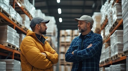 Fototapeta premium Warehouse manager talking with logistics employee in warehouse planning transport of products talking shipping process : Generative AI
