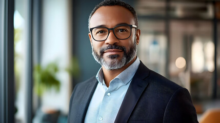Fototapeta premium A confident man in glasses posing in a modern office setting.