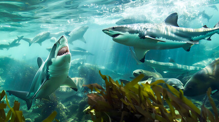 Fototapeta premium Ferocious sharks relentlessly chasing their seal prey in a vibrant dynamic underwater seascape filled with turquoise waters kelp and coral reefs This dramatic
