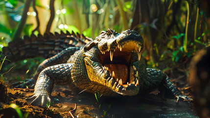 Naklejka premium Angry and Aggressive Crocodile Screaming and Fiercely Fighting in a Lush Tropical Jungle Forest Environment