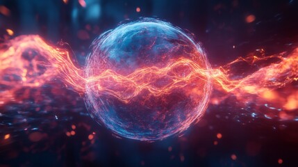 Obraz premium Electric waves merging into a glowing orb, representing sustainable energy, innovation, and the convergence of technology and nature.