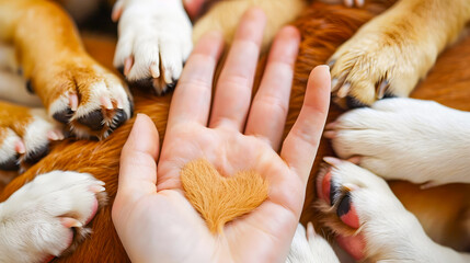 Closeup image of a human hand gently cradling a dog s paw with a heart shaped marking showcasing the bond and affection between man and canine