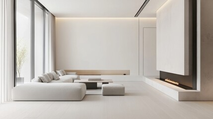 Elegant minimalist home interior with clean lines, neutral colors, and modern furnishings, creating a serene and uncluttered living space.