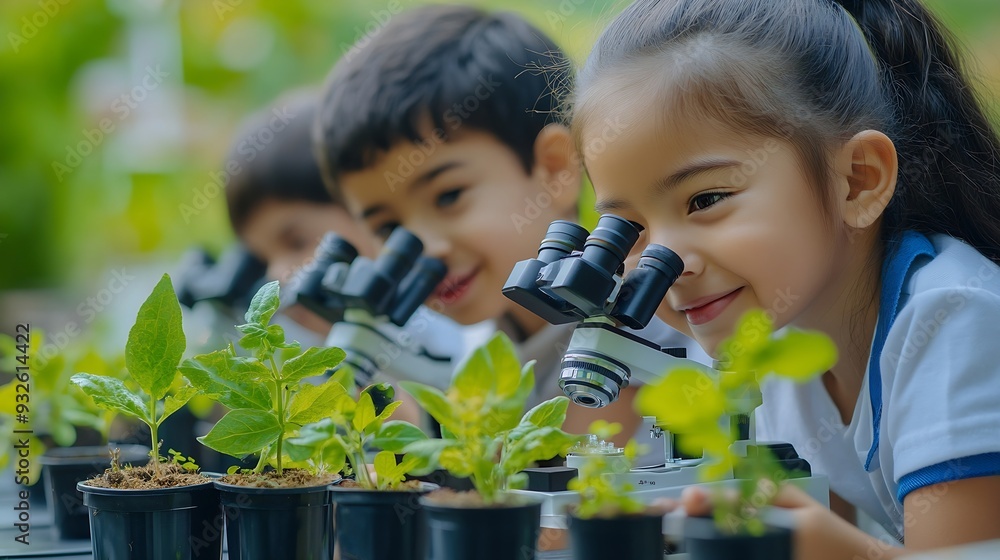 Aufkleber Learning students and children in classroom for microscope teacher and science for experiment of plants Container sample and observation of nature growth and development of kids with e : Generative AI