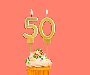 Birthday number 50 - Golden candle with cupcake