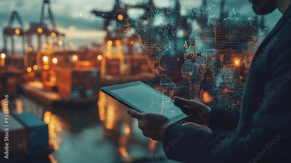 Poster Multiple exposures of Businessman touching tablet for analyze stock at logistics port and world map with logistic network distribution : Generative AI