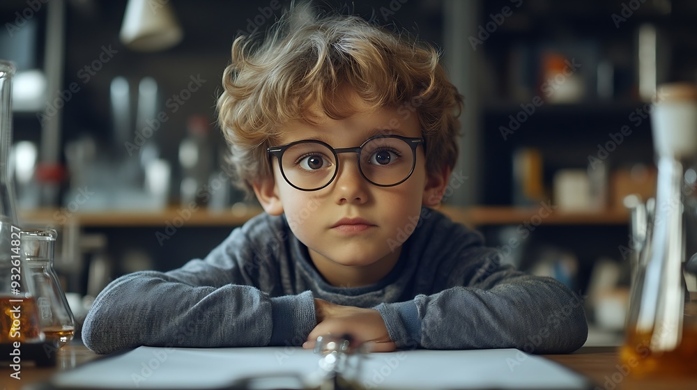 Aufkleber portrait science and writing with boy student in laboratory for education experiment or research gla