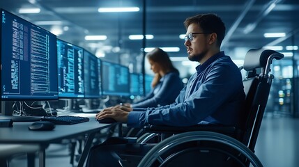 Person with disability next to multiracial coworkers in data center coding on computer Wheelchair user and multiethnic team working together doing programming overseeing server cluster : Generative AI