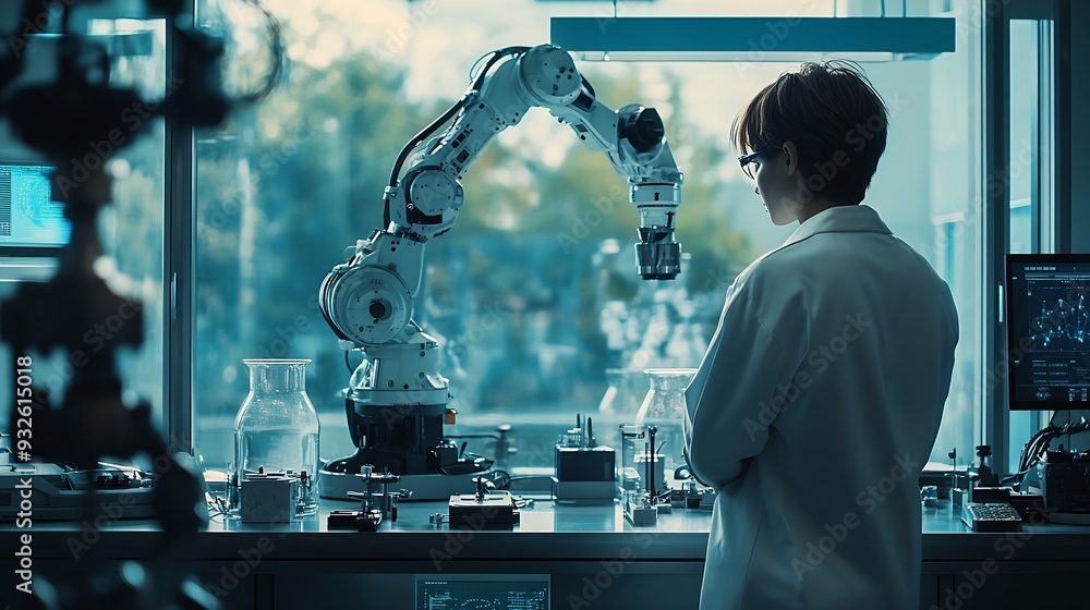 Poster Thoughtful scientist standing near robotic arms in front of window at laboratory : Generative AI