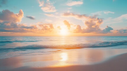 Obraz premium Sunset on tropical beach sea ocean with sunrise clouds Banner for travel vacation Scenery sky and reflection rays in water Orange and golden sunset sky calmness tranquil sunlight summe : Generative AI