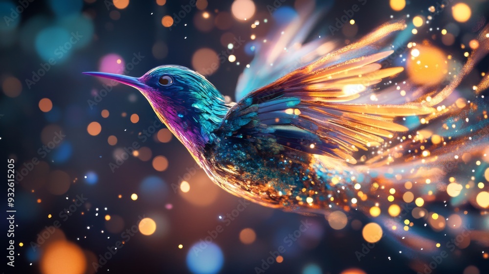 Poster High-definition shot of a bird with bright, iridescent feathers, set against a backdrop of abstract, multicolored lights for a dynamic and eye-catching composition.
