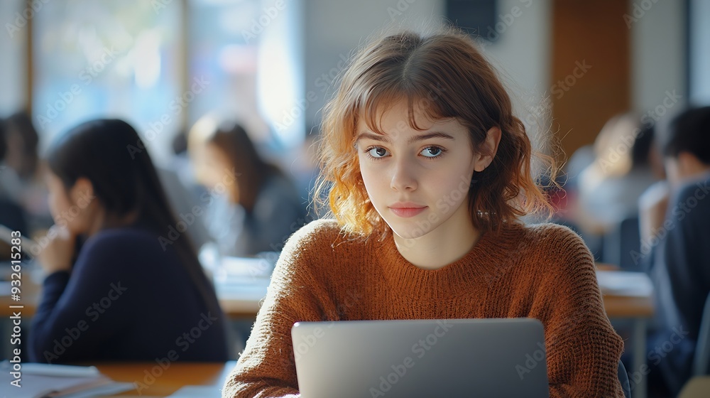 Poster student laptop and portrait in classroom writing notes for college course test and campus work femal