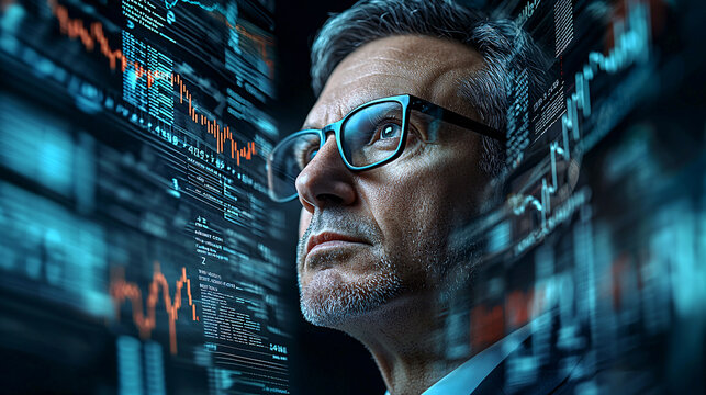 Businessman analyzing data on digital screen with charts and graphs, focused on financial trends and market analysis.