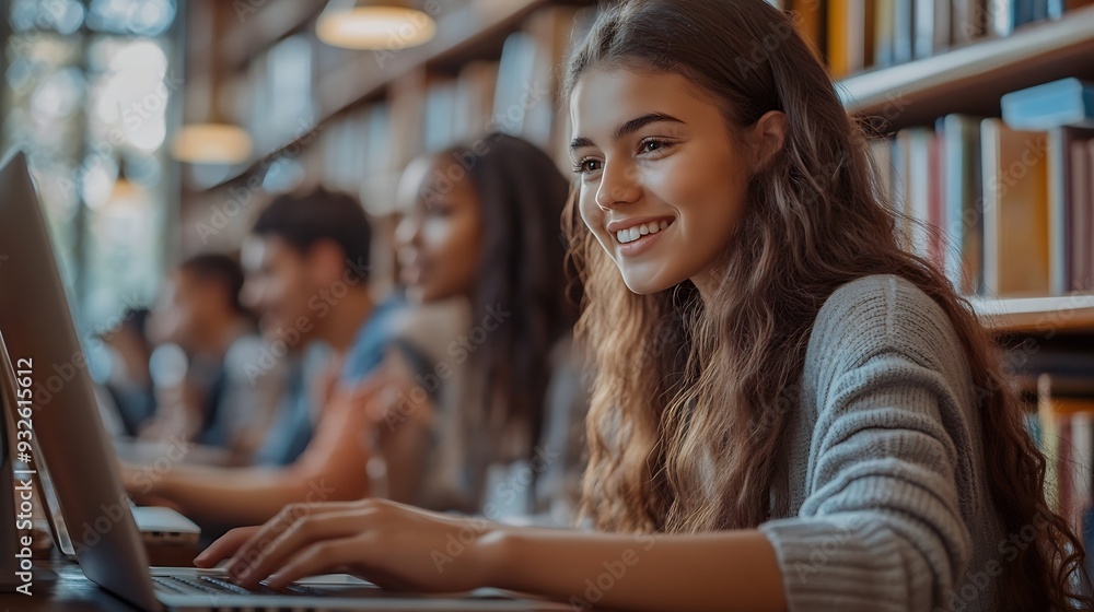 Aufkleber Students group and happy in library for education learning and reading test results or news on computer Young college people on laptop for solution research or studying with support he : Generative AI