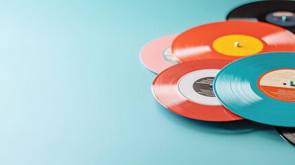 Colorful vinyl records on a light blue background, perfect for music lovers and collectors