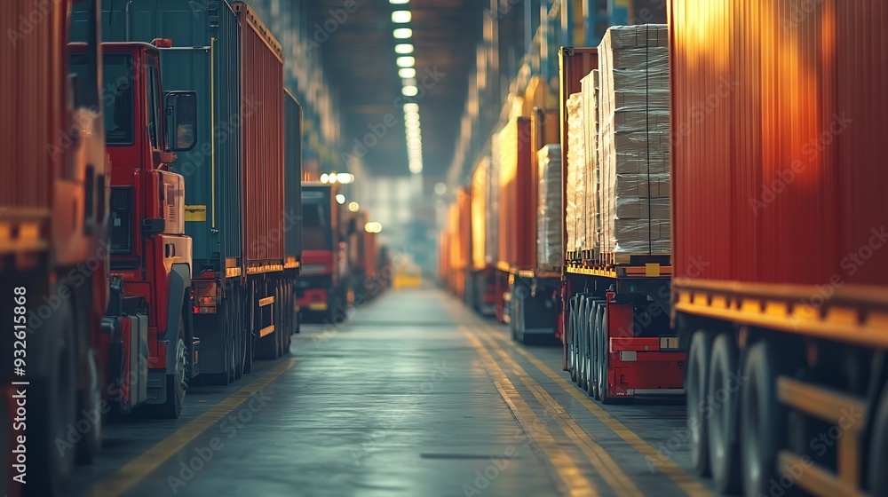 Poster container trucks parked loading package boxes at dock warehouse cargo container distribution warehou