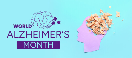 Human head with wood shavings on color background. Concept of dementia