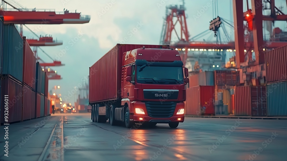 Poster Container truck in ship port for business Logistics and transportation of Container Cargo ship and Cargo plane with working crane bridge in shipyard logistic import export and transpor : Generative AI