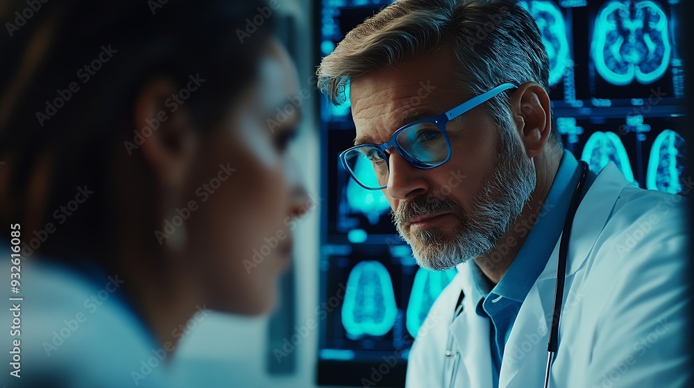 Aufkleber doctor surgeon and neurologist checking brain testing result and medical diagnosis and examine patie