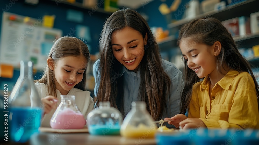 Poster science teacher and students in classroom with slime for experiment education and happy kid chemistr