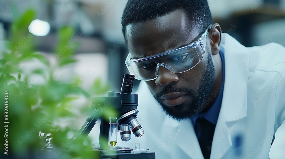Aufkleber black man scientist and lab with test tube research microscope and focus for agriculture study with 
