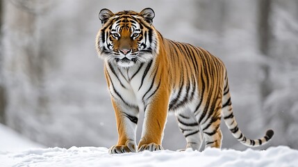 Obraz premium Careful amur tiger is standing on a white snow and looking away Siberian tiger Panthera tigris tigris Animals in wildlife : Generative AI