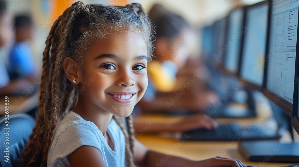 Poster elementary school children learning basic computer knowledge teacher educating smart diverse kids in