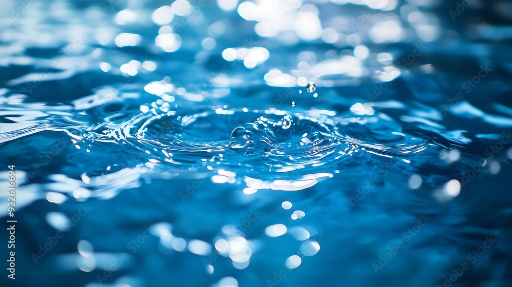 Aufkleber Blue water with ripples on the surface Defocus blurred transparent blue colored clear calm water surface texture with splashes and bubbles Water waves with shining pattern texture back : Generative AI